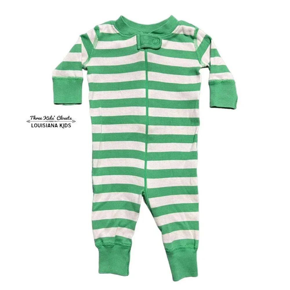 Hanna Andersson Sz 50 (0-6m) Green Striped Zipper Sleeper Pajamas